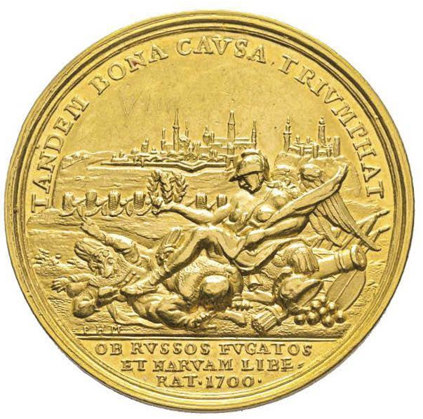Karl XII - Segern vid Narva 1700 - UNIK guldmedalj i 9 dukaters vikt av Hautsch & Müller - En av Sveriges största militära triumfer