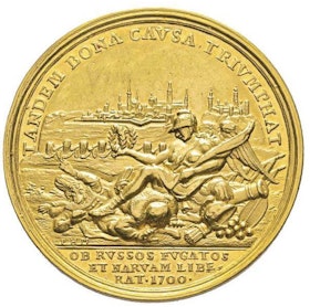 Karl XII - Segern vid Narva 1700 - UNIK guldmedalj i 9 dukaters vikt av Hautsch & Müller - En av Sveriges största militära triumfer