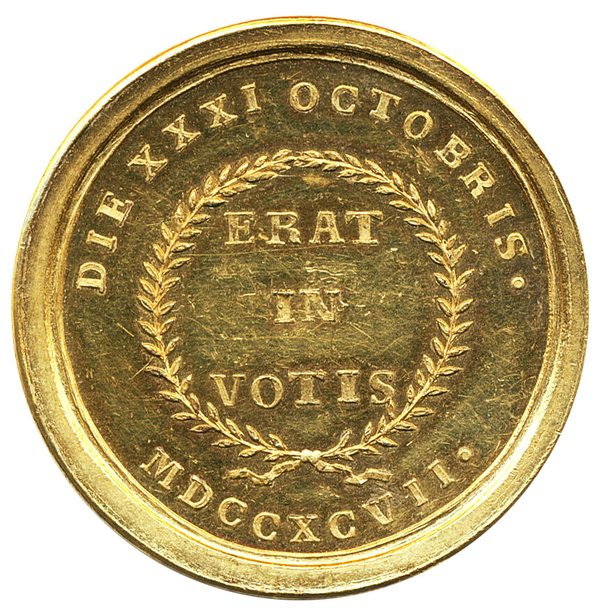 Guldmedalj i 8 dukaters vikt - Konungens giftermål med Fredrika Dorothea Vilhelmina den 31 oktober 1797 av Carl Gustaf Fehrman - UNIK - Pris på förfrågan