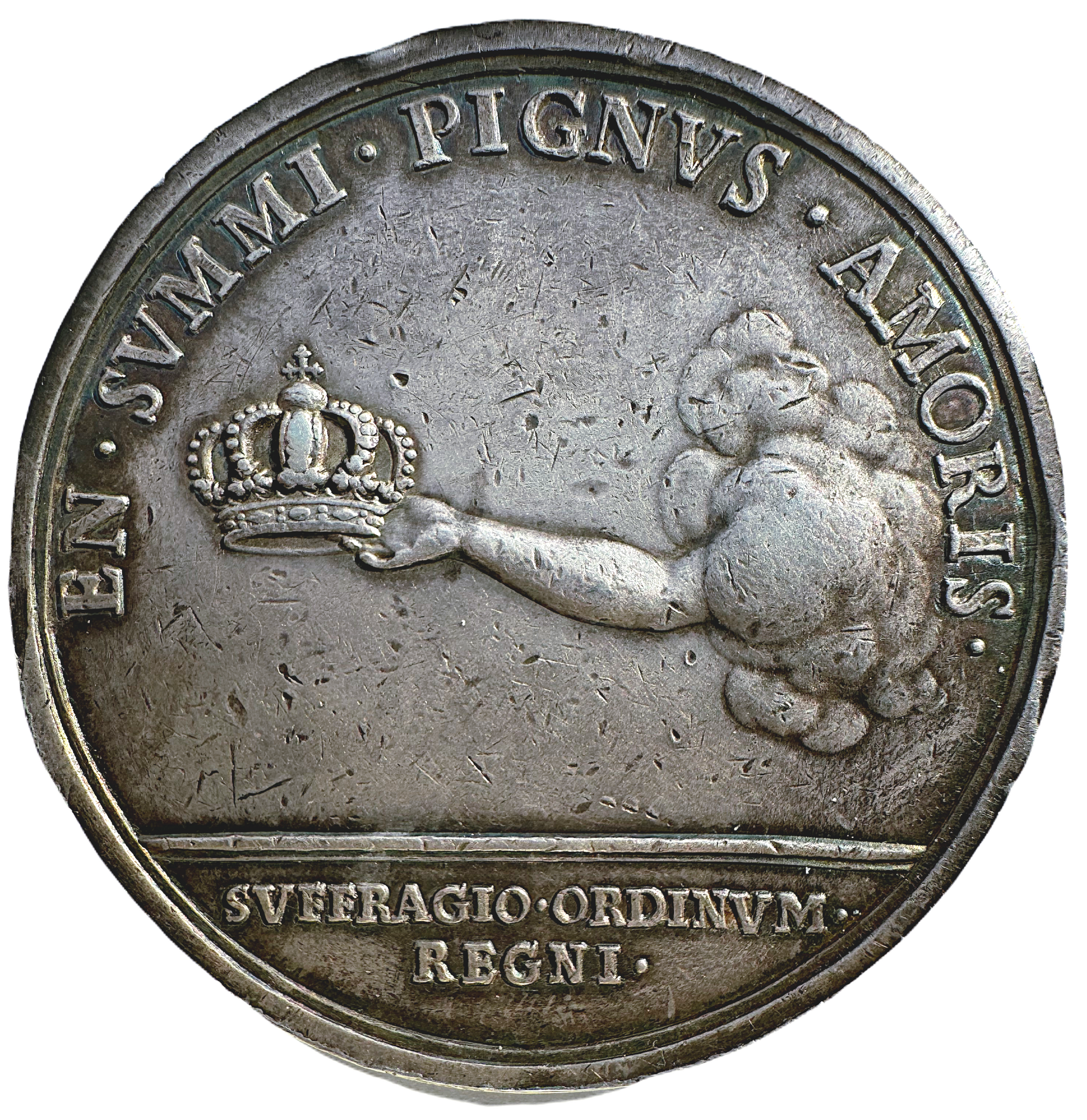 Fredrik I:s kröning i Stockholms storkyrka den 3 maj 1720 av Johann Carl Hedlinger - Ex Bonde - Med gravörens namn: "C•Hedlinger•" - Mycket sällsynt - RR