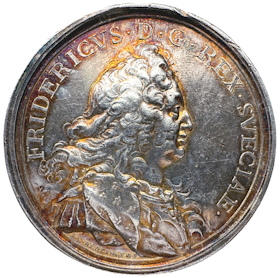 Fredrik I:s död den 25 mars 1751, åtsida av Johann Carl Hedlinger, frånsida av Daniel Fehrman