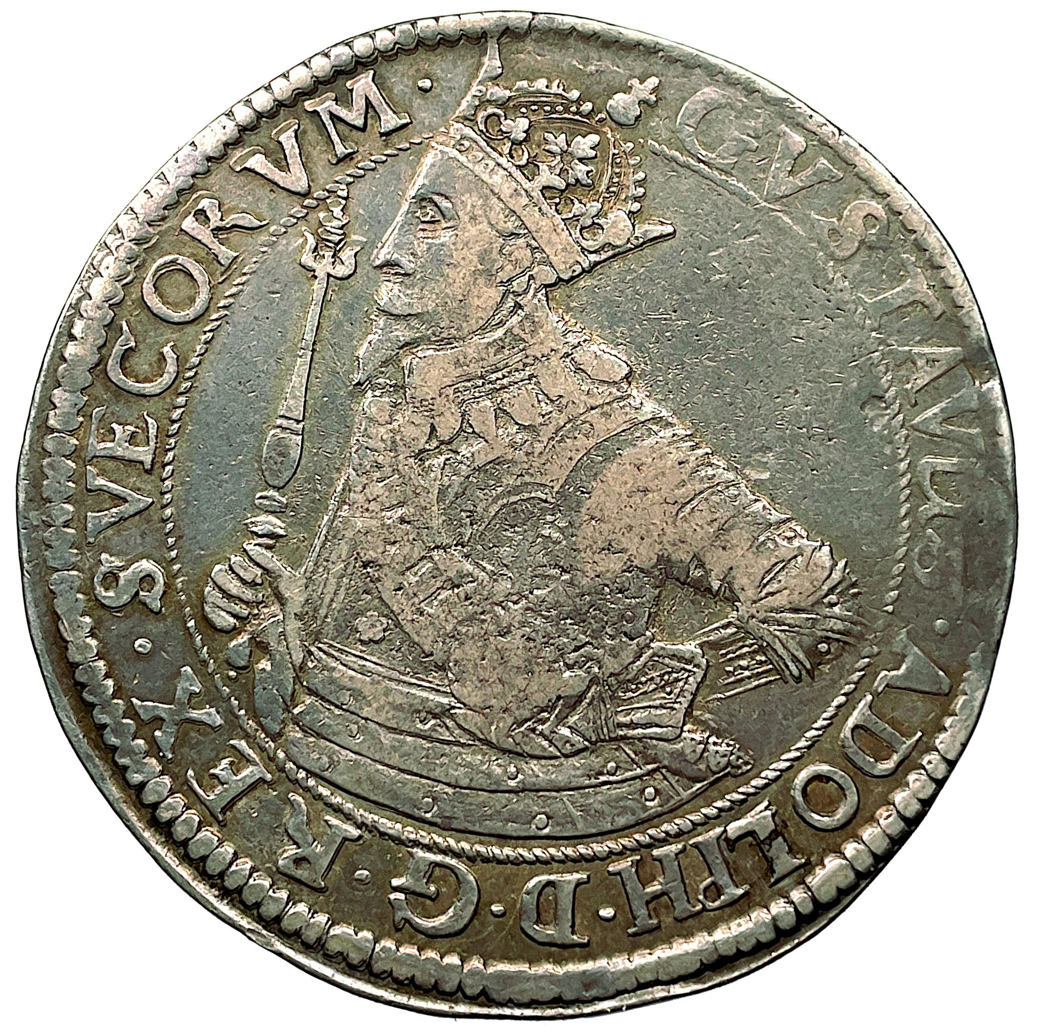 Gustav II Adolf - Riksdaler 1632 med felvända kronor i vapenskölden