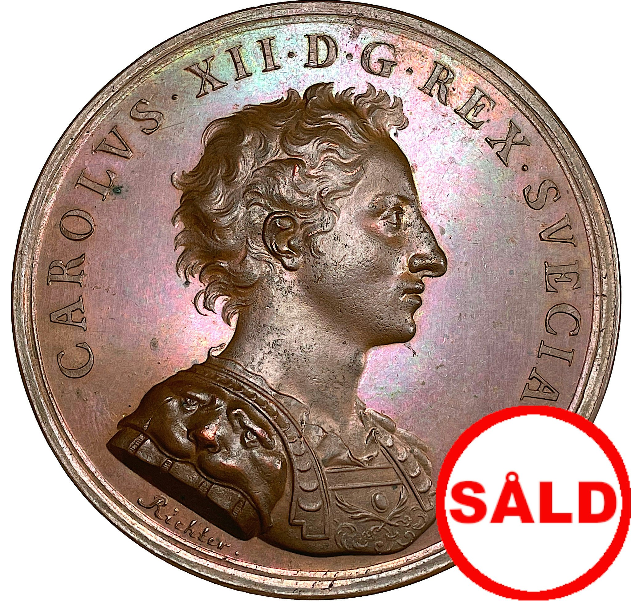 Karl XII går med sin här över Dünafloden och besegrar konung Augusts armé nära Riga den 9 juli 1701 av Bengt Richter - Ex. samling Crona 1937:444 - Extremt sällsynt toppexemplar