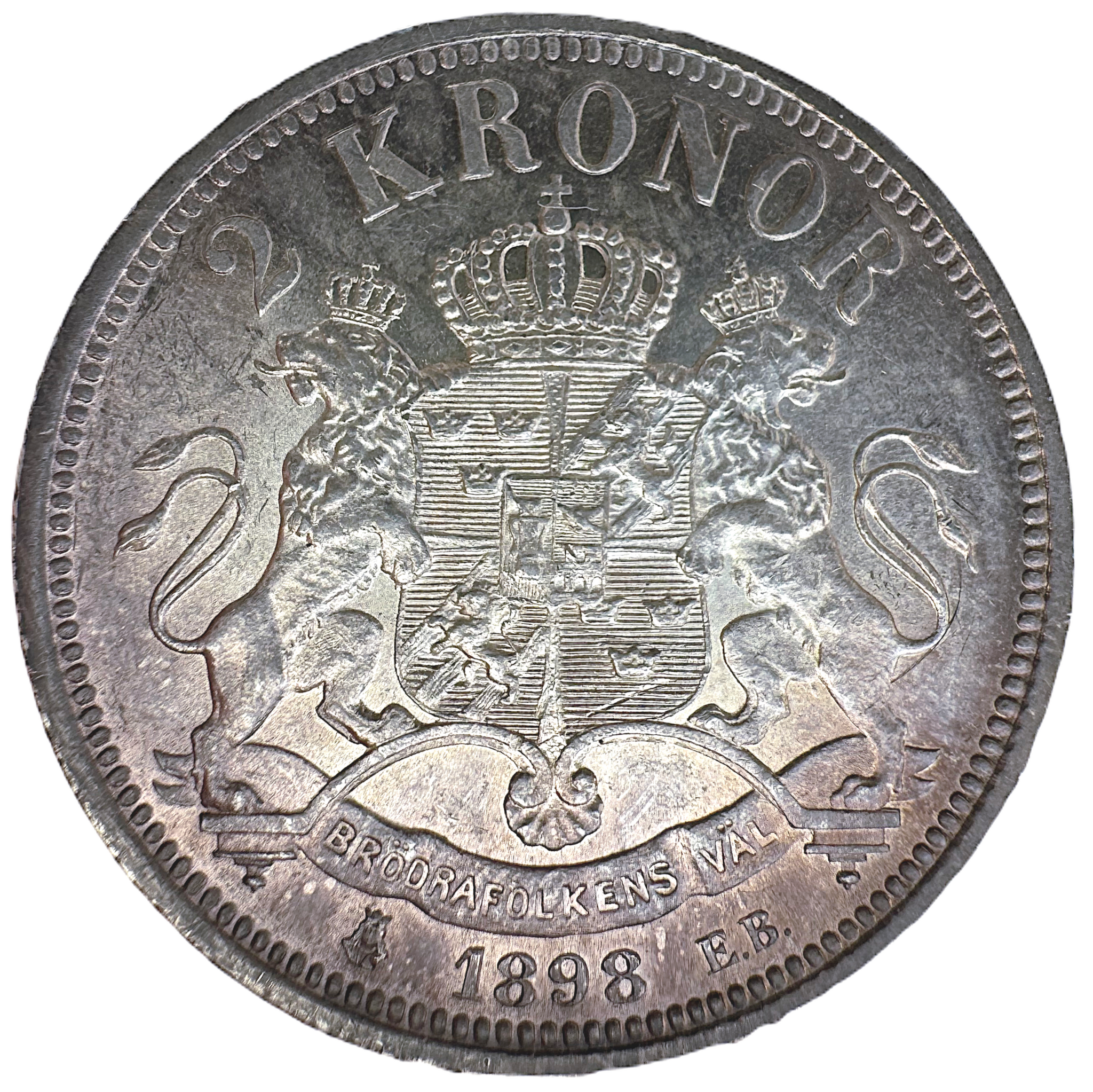 Oskar II, 2 Kronor 1898, med lock i nacken - Vackert ocirkulerat exemplar