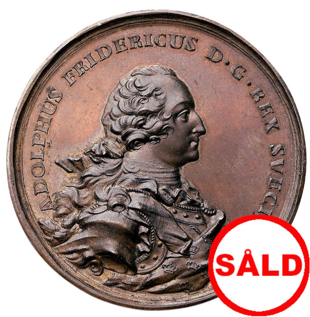 Adolf Fredrik - Ett vackert tekniskt ocirkulerat exemplar - Belöningsmedalj för uppförande av stenhus på landet. Av Fehrman & Wikman 1765 - Extremt sällsynt RRR - Ex. Bonde
