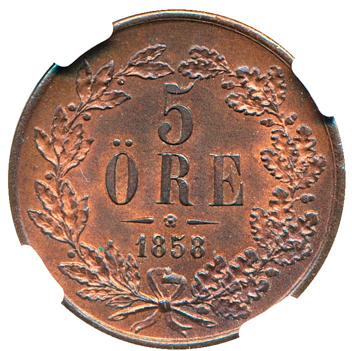 Oskar I - 5 Öre 1858 på 7 - Ett ocirkulerat praktexemplar - NGC MS65 BN