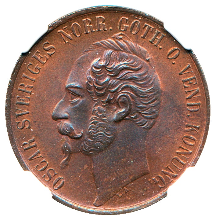 Oskar I - 5 Öre 1858 på 7 - Ett ocirkulerat praktexemplar - NGC MS65 BN
