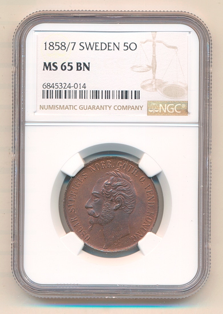 Oskar I - 5 Öre 1858 på 7 - Ett ocirkulerat praktexemplar - NGC MS65 BN