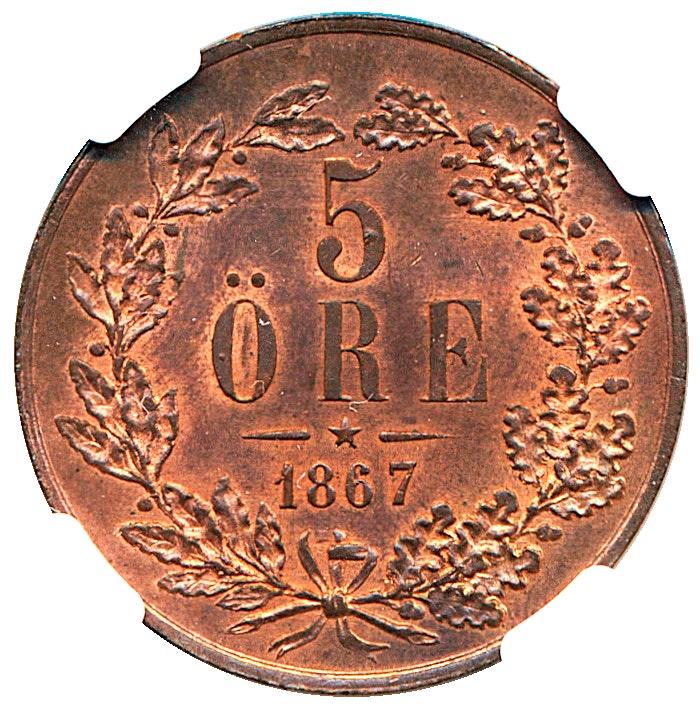 Karl XV - 5 Öre 1867 - Ocirkulerat praktexemplar med full röd lyster - NGC MS64 RB
