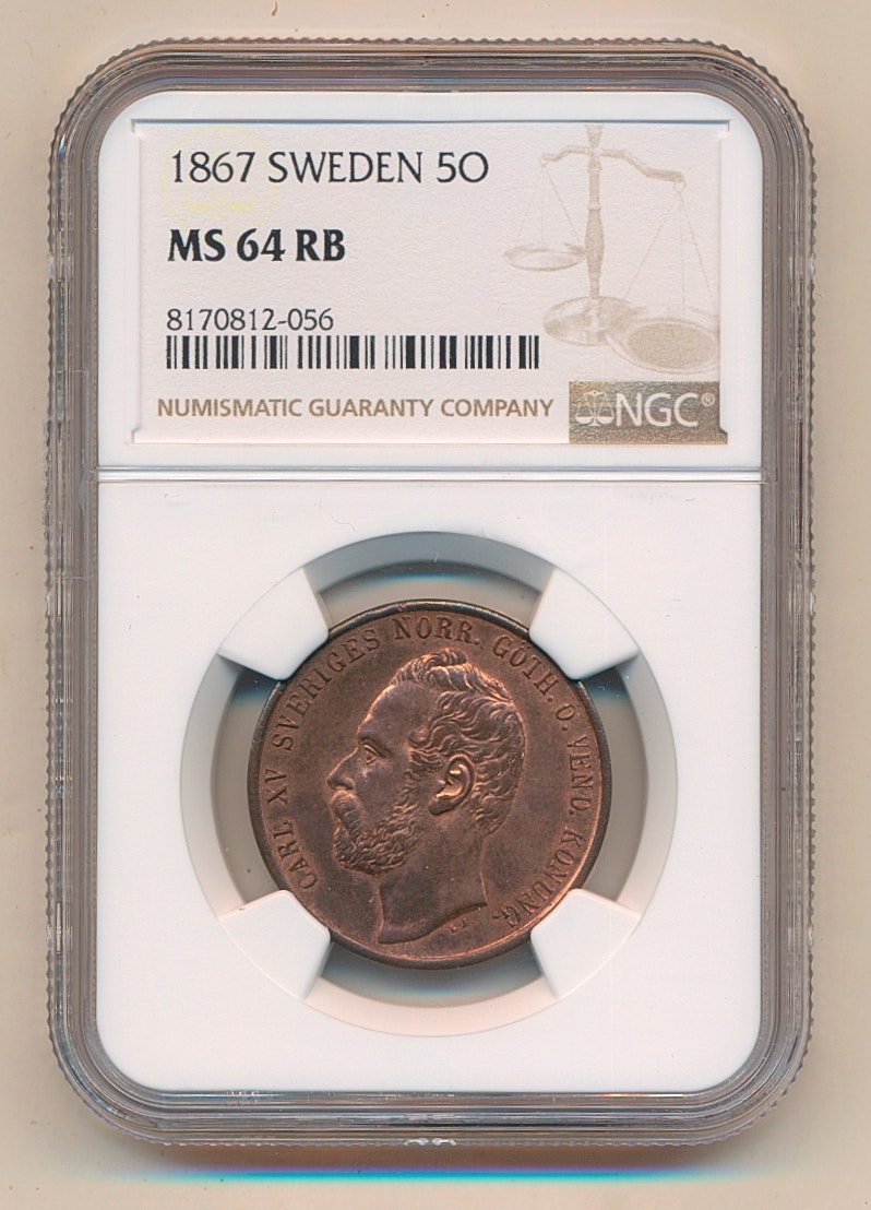 Karl XV - 5 Öre 1867 - Ocirkulerat praktexemplar med full röd lyster - NGC MS64 RB