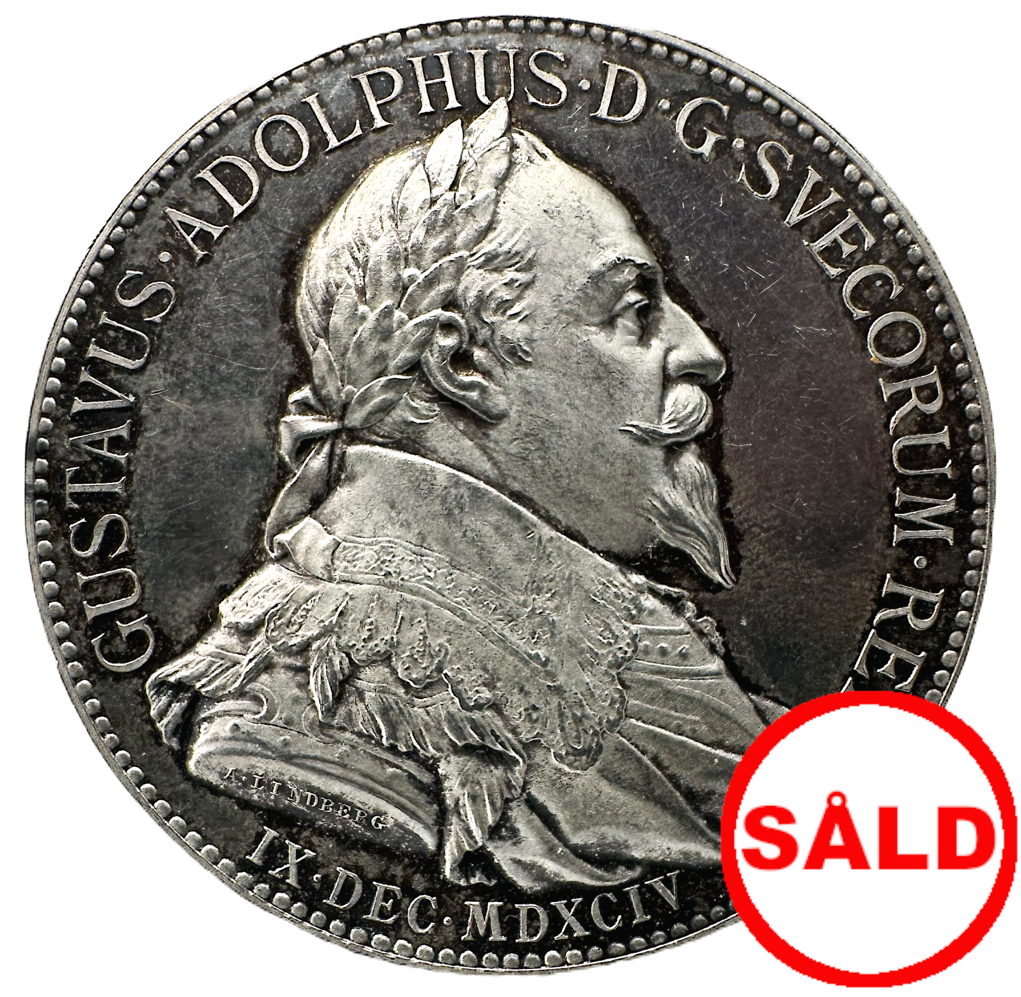Till minne av 300-årsdagen av Gustav II Adolfs födelse 1594 av Adolf Lindberg - Ett underbart exemplar med frostad relief och djupt spegelglänsande fält