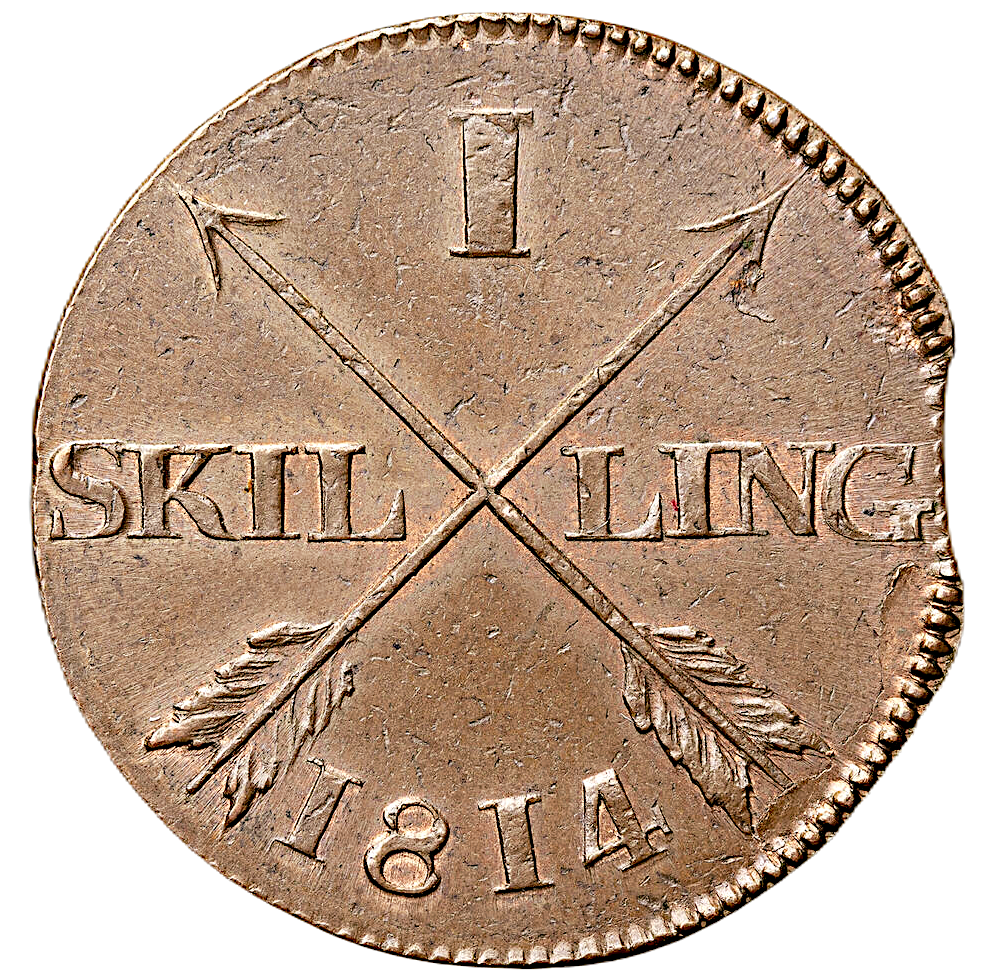 Karl XIII - 1 Skilling 1814 - Ett härligt skarpt exemplar med viss röd lyster