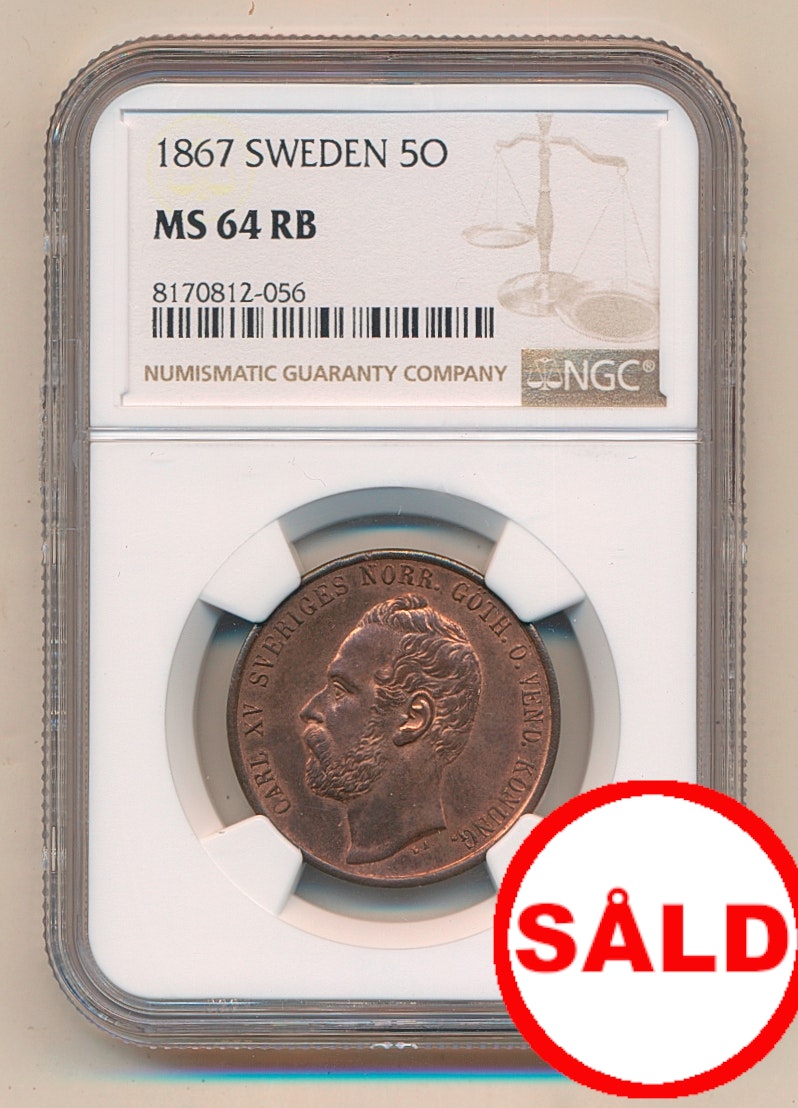 Karl XV - 5 Öre 1867 - Ocirkulerat praktexemplar med full röd lyster - NGC MS64 RB