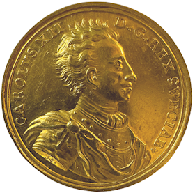 Karl XII - Segern vid Narva 1700 - UNIK guldmedalj i 9 dukaters vikt av Hautsch & Müller - En av Sveriges största militära triumfer