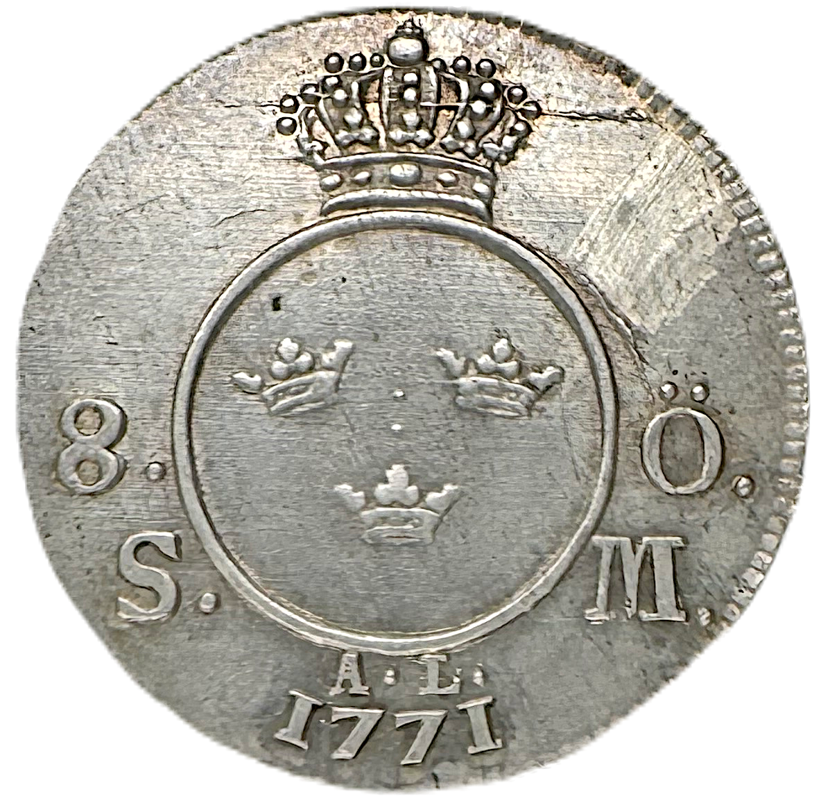 Adolf Fredrik - 8 Öre 1771 - Vacker ettårstyp med bevarad bottenstriering