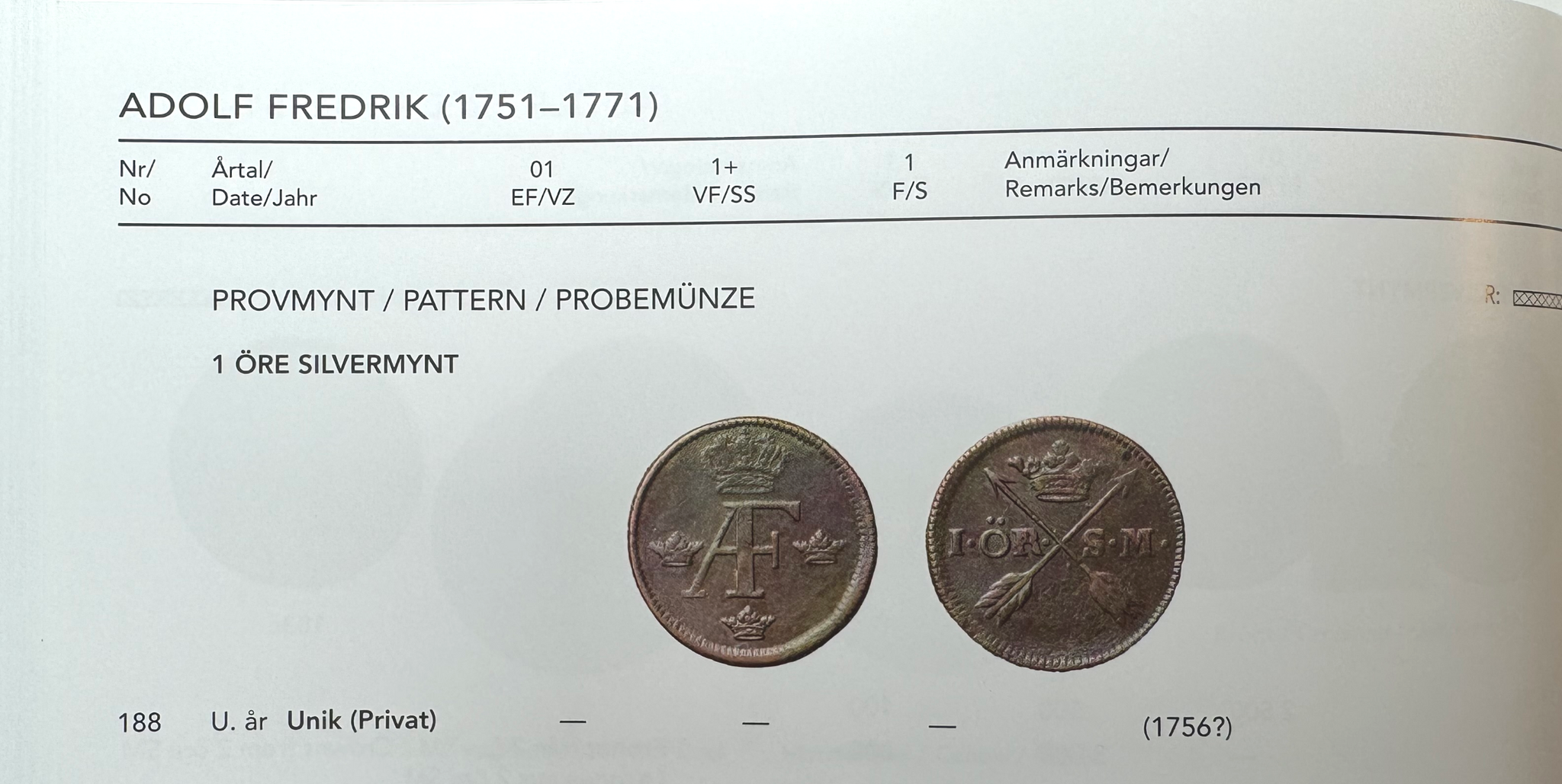 Adolf Fredrik - UNIKT provmynt - 1 Öre SM utan årtal (1756)
