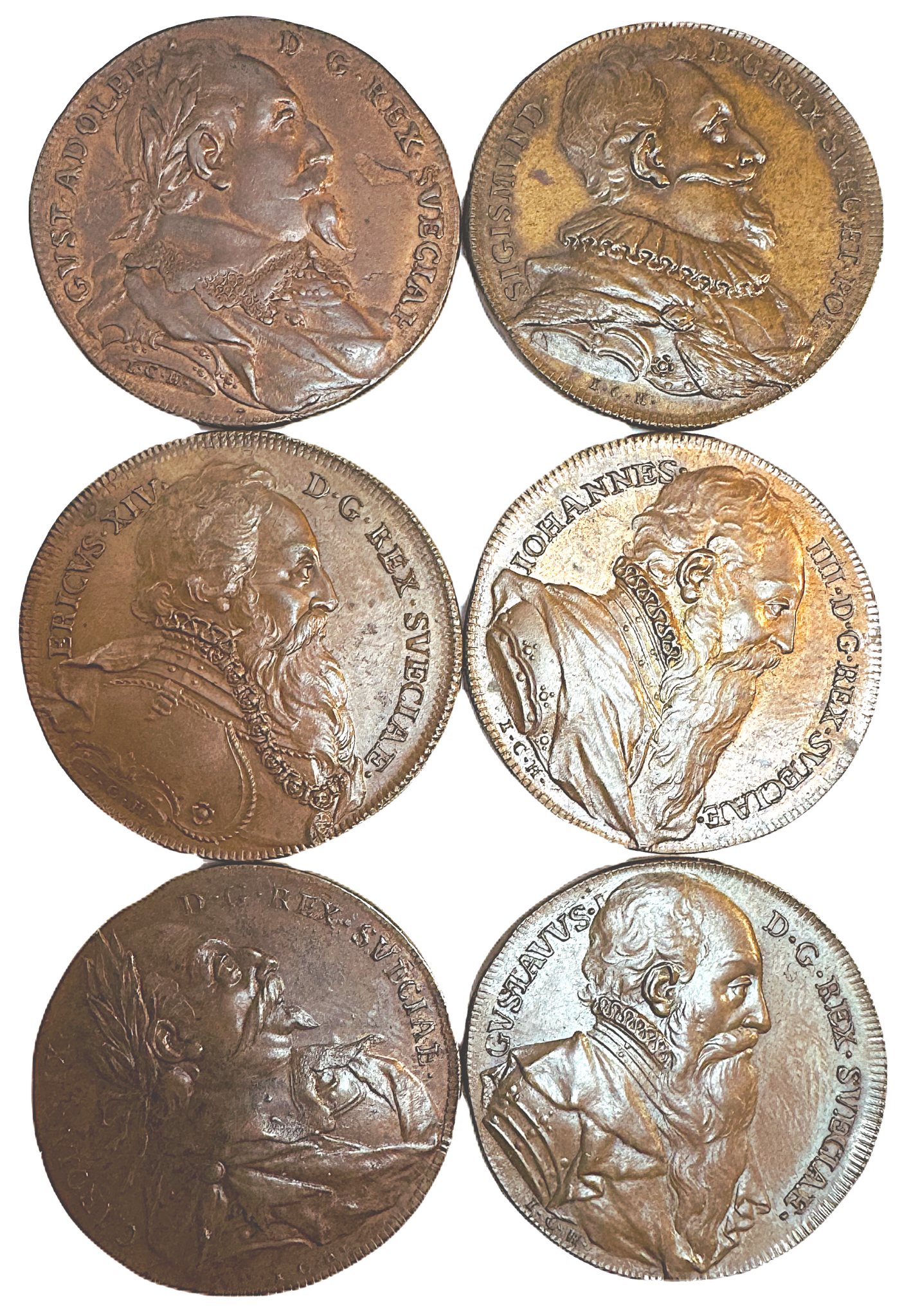 Hedlingers regentlängd - 6 vackra bronsmedaljer Gustav Vasa-Gustav II Adolf