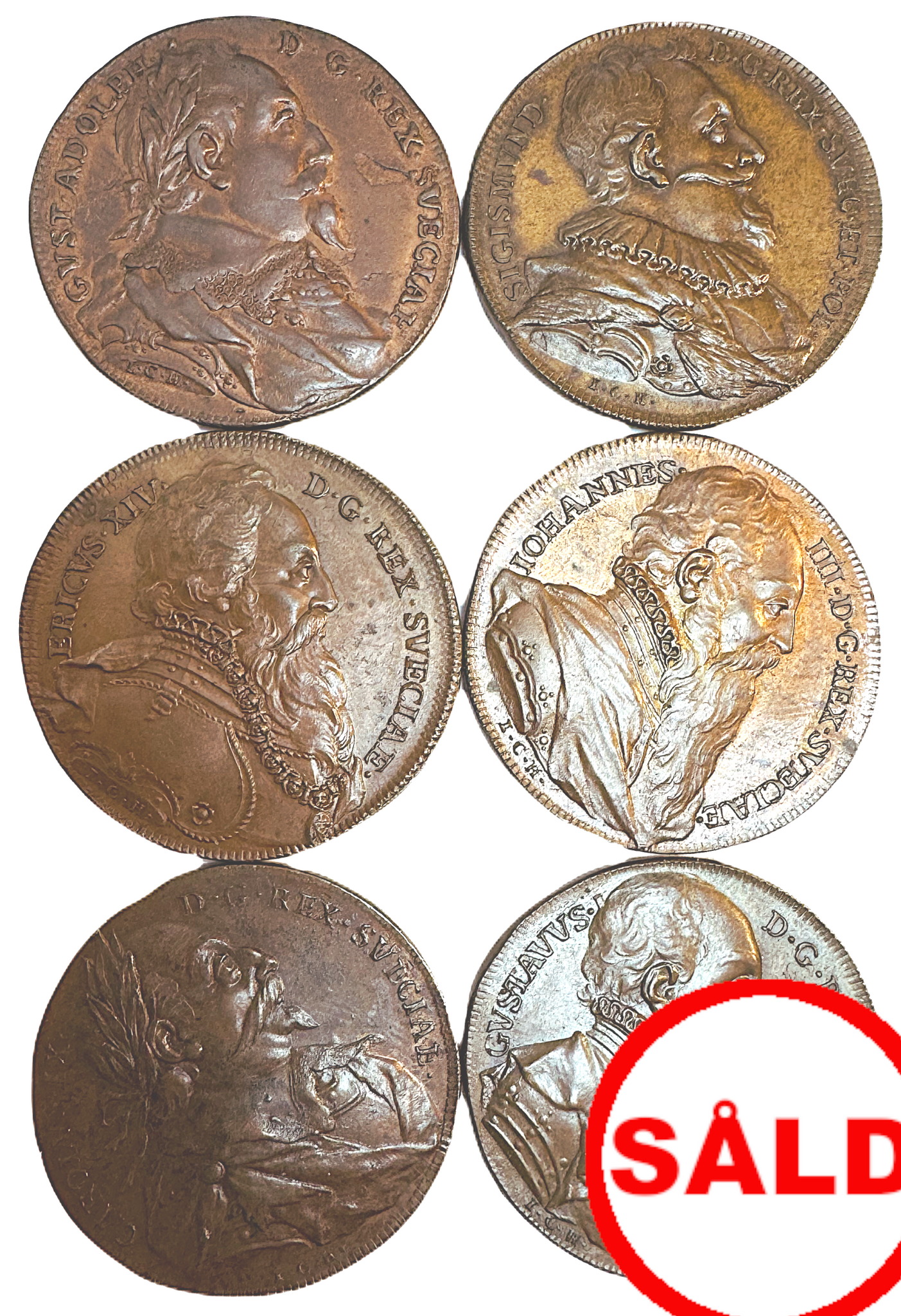 Hedlingers regentlängd - 6 vackra bronsmedaljer Gustav Vasa-Gustav II Adolf