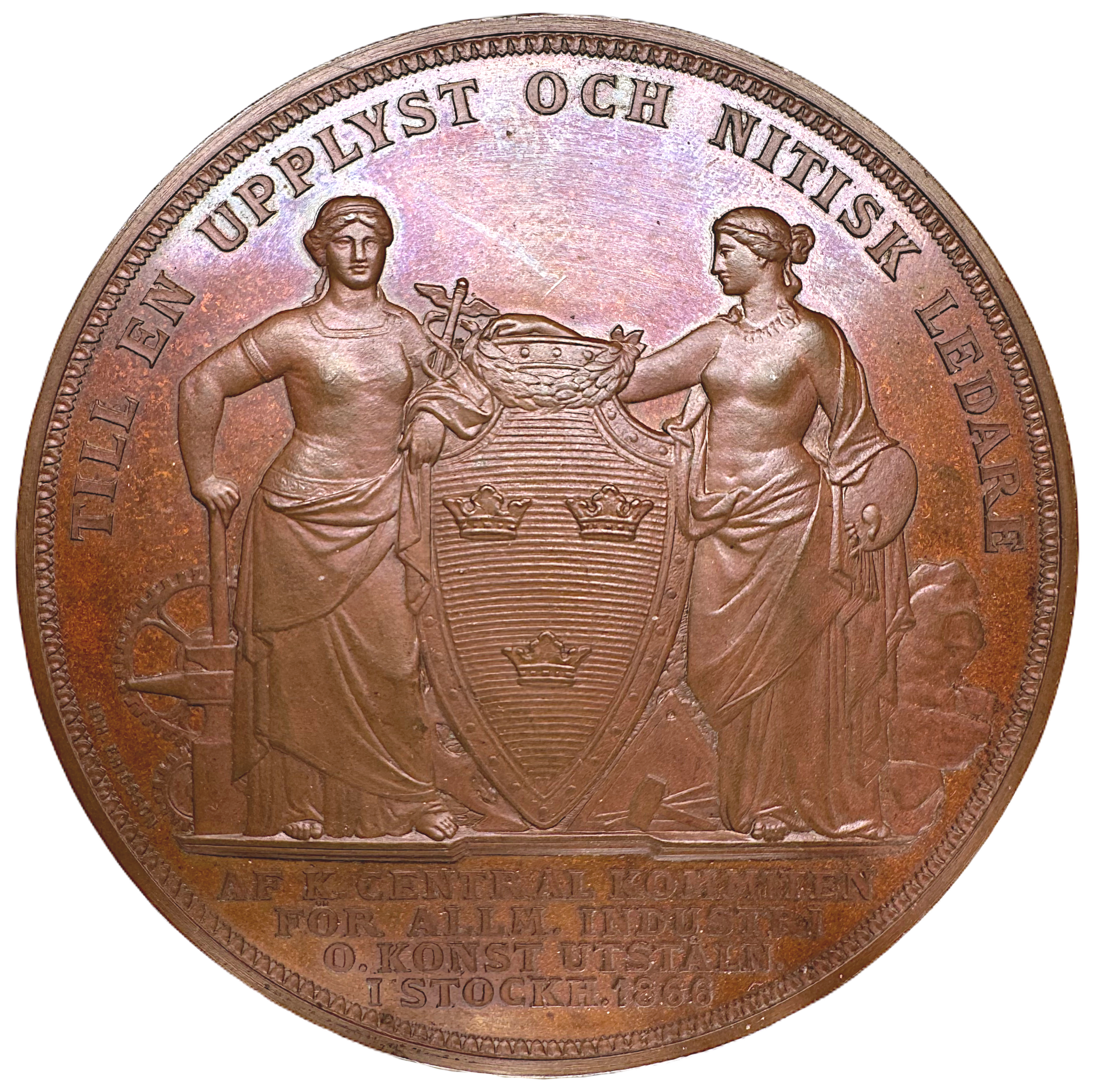 Hertig Oskar (II) som ordförande i kungliga centralkommitén för allmänna industri- och konstutställningen i Stockholm 1866  - Vacker bronsmedalj i originaletui