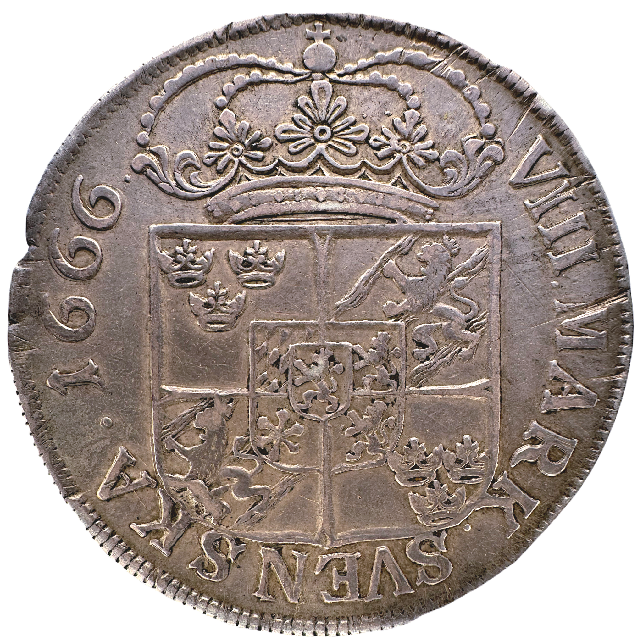 Karl XI 8 Mark 1666 - Mindre bild, delad omskrift, stor krona - RAR - 13 ex i privat ägo