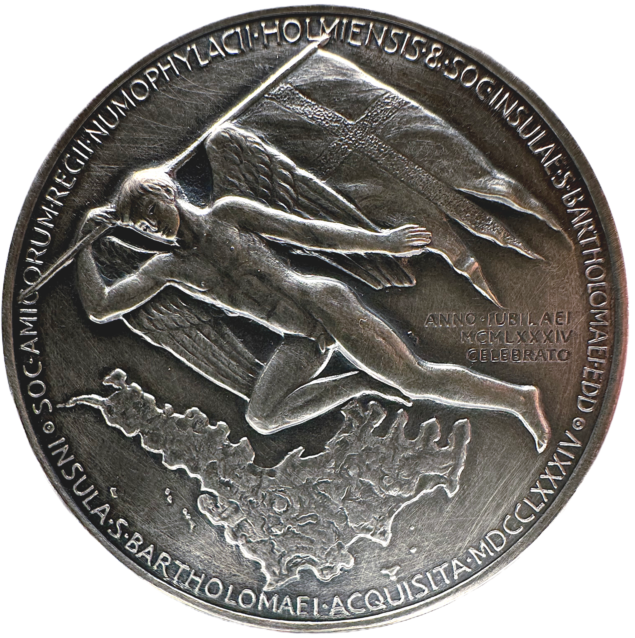 Minnesmedalj över Gustav III:s förvärv av S:t Barthelemy i Västindien 1784. Av Léo Holmgren