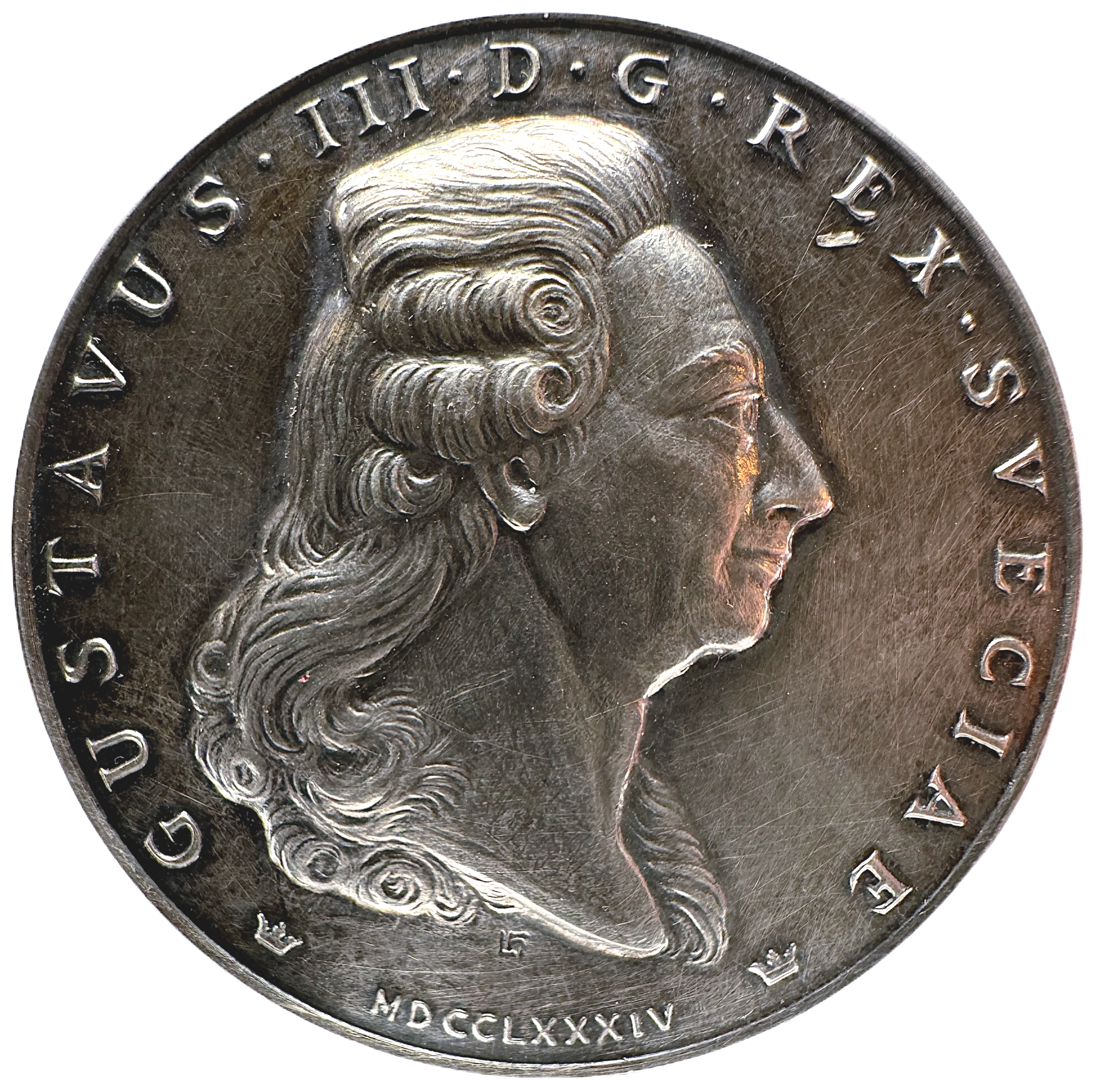 Minnesmedalj över Gustav III:s förvärv av S:t Barthelemy i Västindien 1784. Av Léo Holmgren