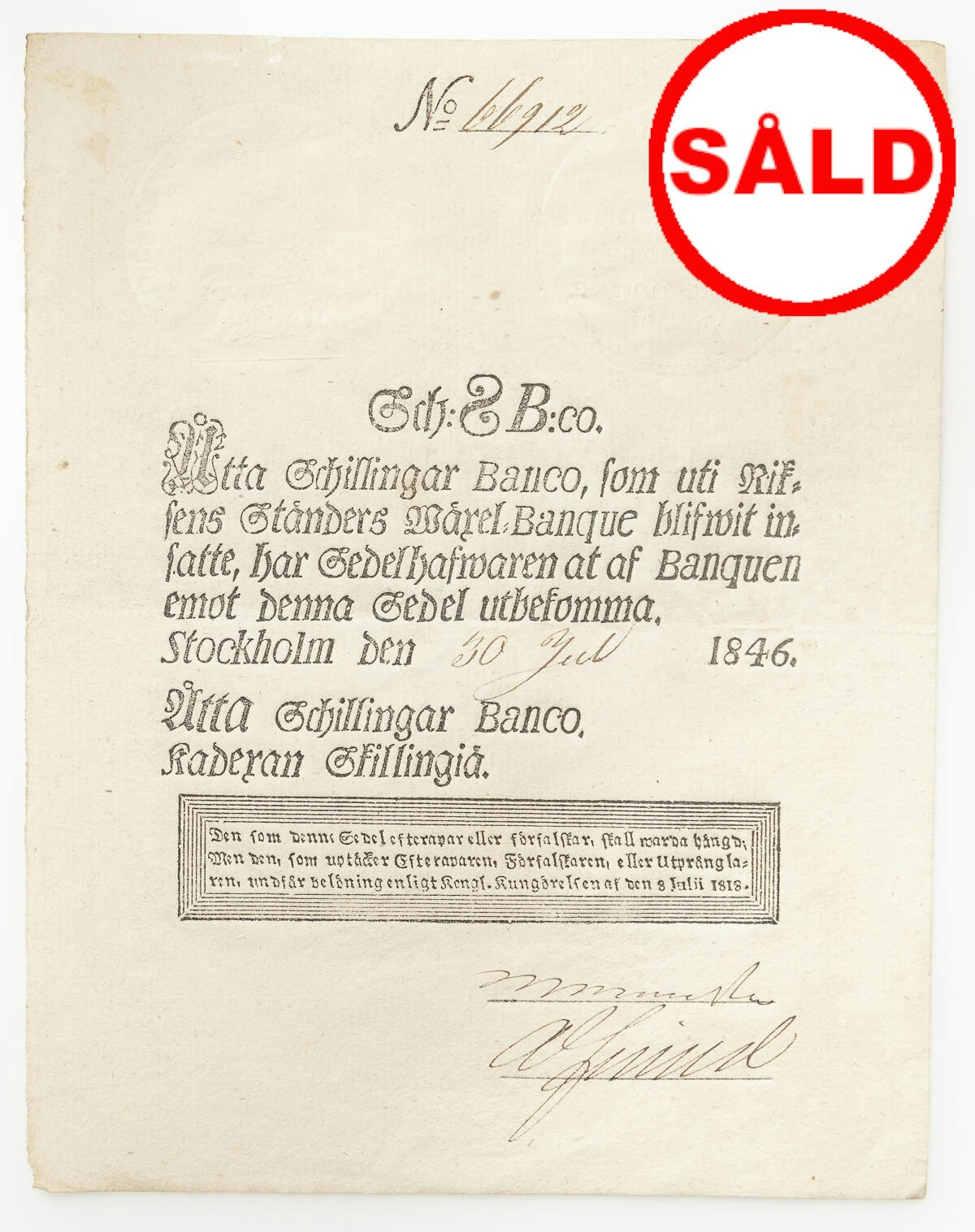 8 Skilling Banco 1846 - Sällsynt årgång i vackert skick