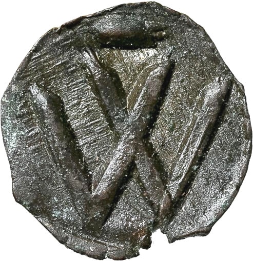 Gotland, Visby (1290-1450). Penning. Brakteat med W inom punktring, varöver ett kort streck - Vackert exemplar med fin lyster