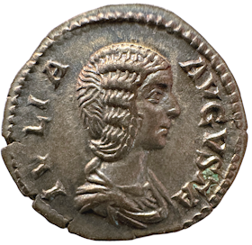 Julia Domna (gift med Septimius Severus (193–211 e.Kr.)). Denar med underbart blåskimrande lyster