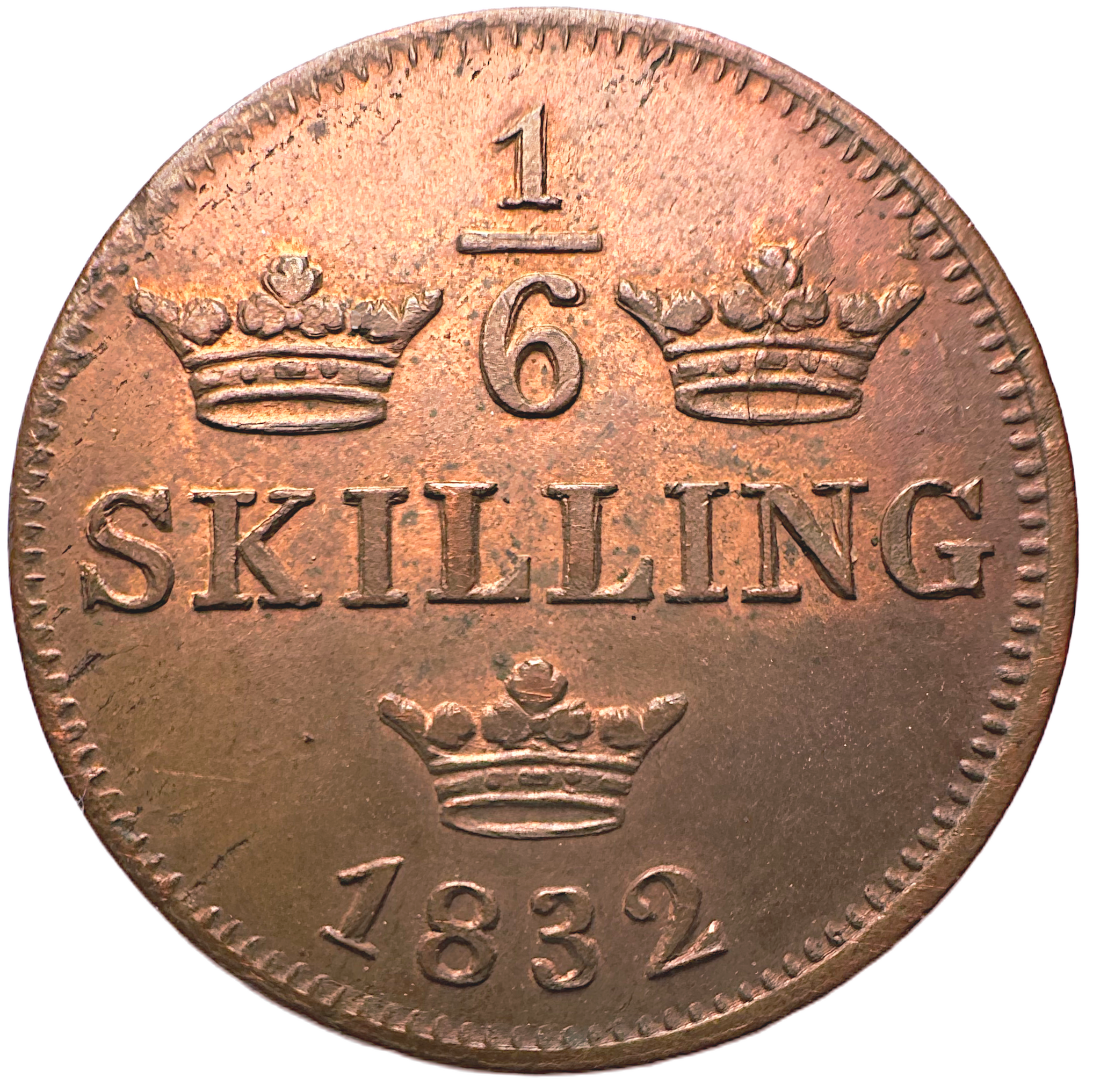 Karl XIV Johan, 1/6 Skilling 1832, porträtt utan mantel - Ett härligt rött exemplar