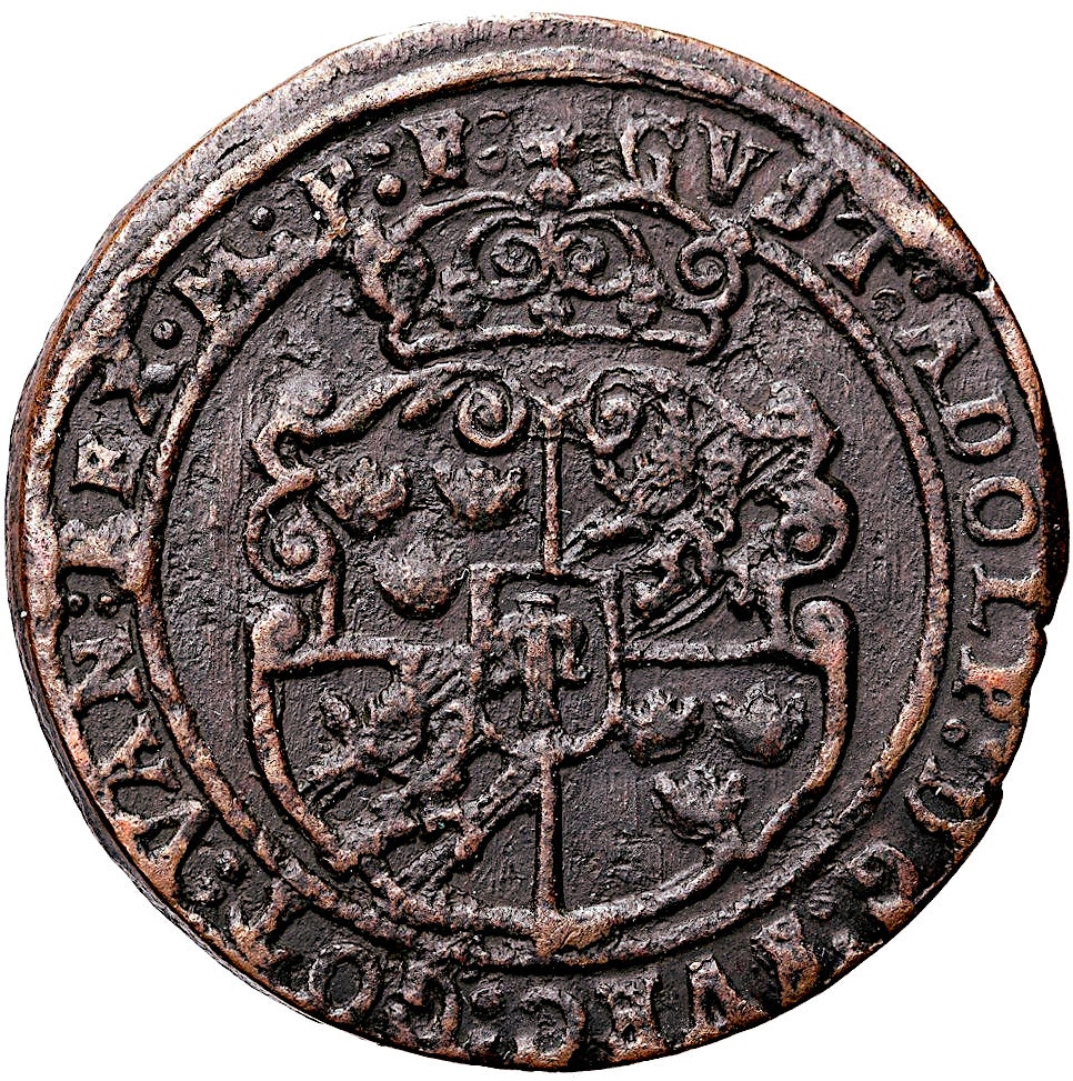 Gustav II Adolf, Säter, 1 Öre 1629 - Mycket tilltalande exemplar, sköld med buktiga sidor och GVST i omskriften