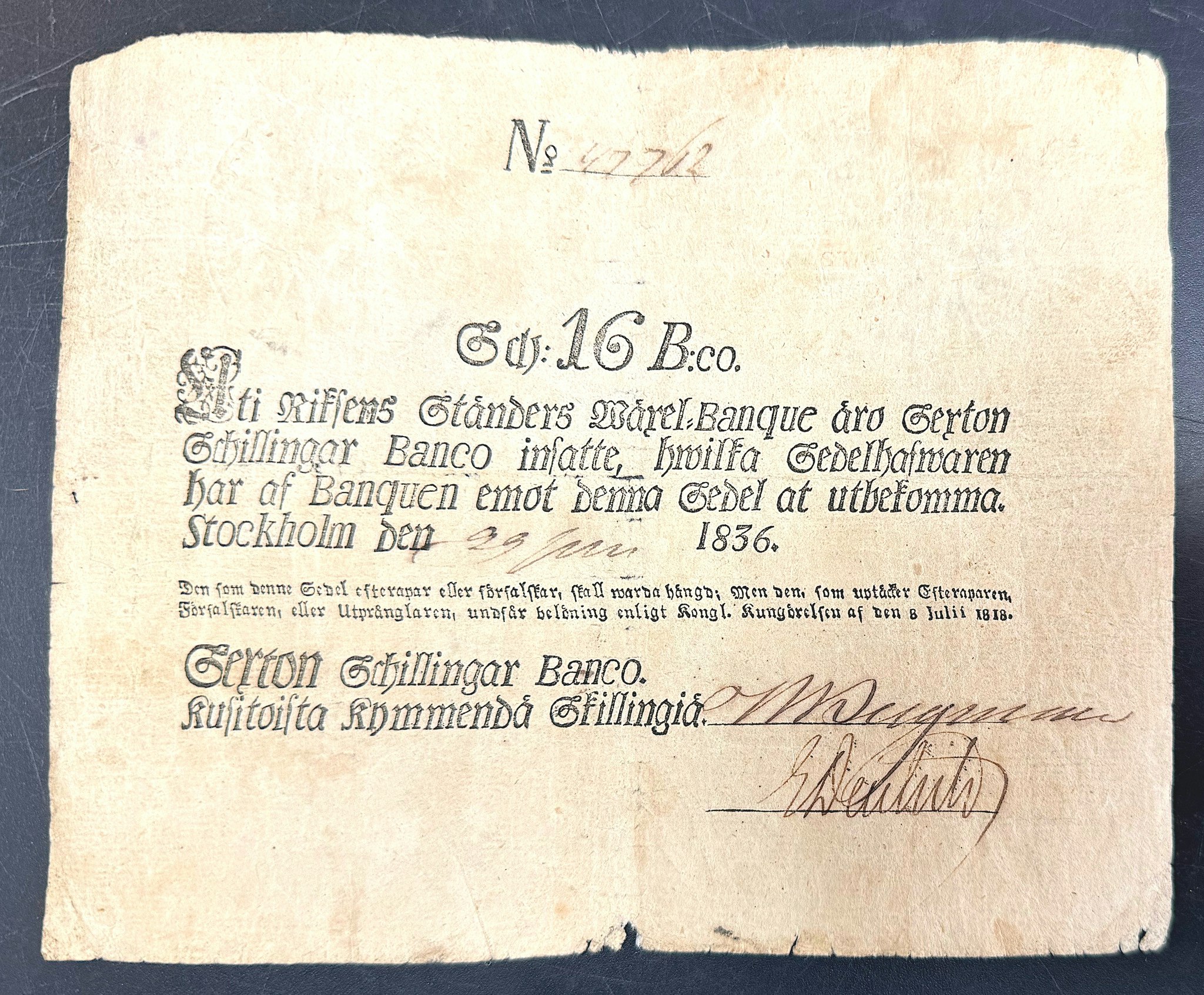 16 Skilling Banco 1836 - Mycket sällsynt RR