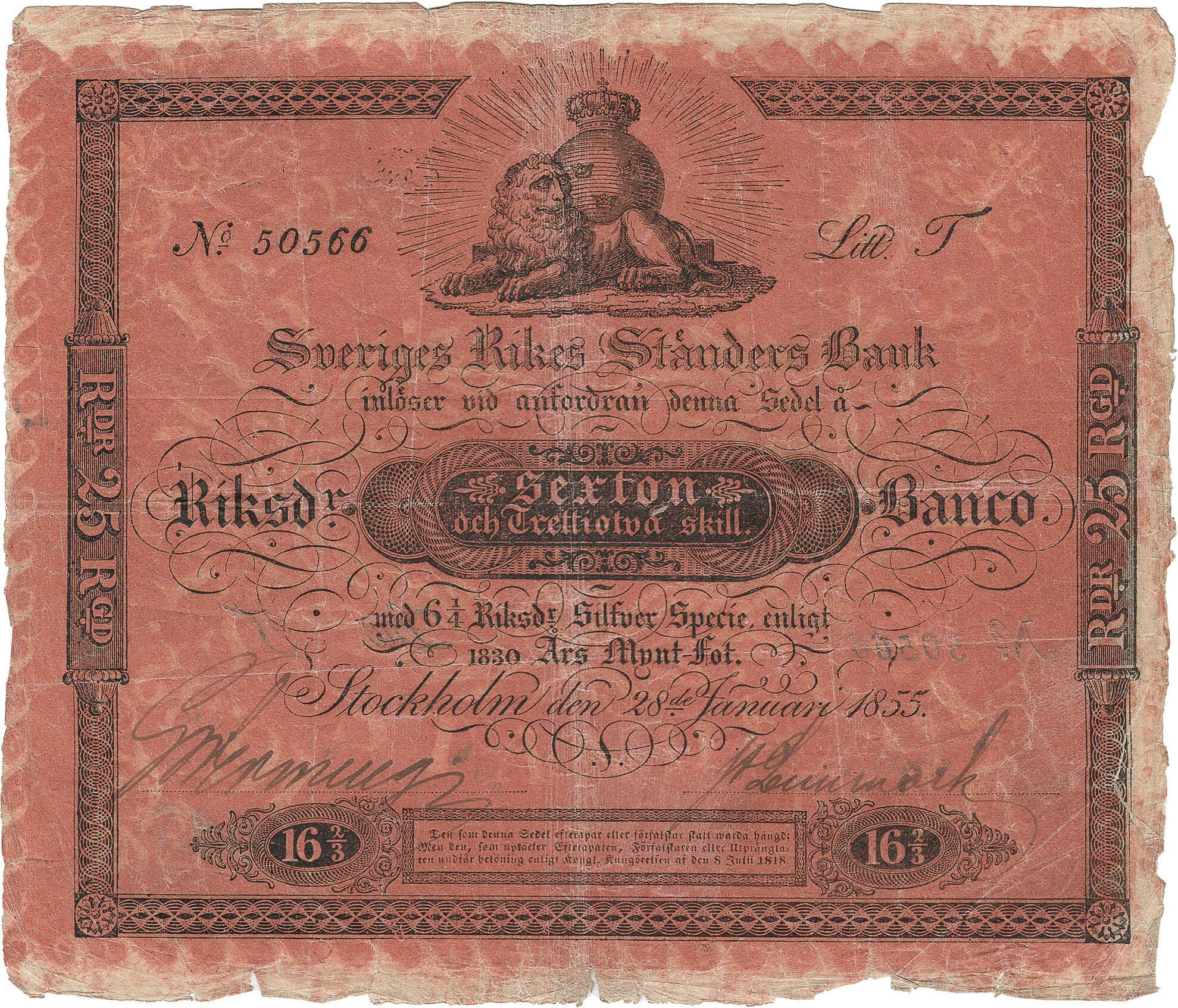 Sveriges riksbank  16 2/3 Riksdaler Banco 1855 - Sedelsamlarens dröm - Ex. Sven Svensson - Mycket sällsynt - 8 ex i privat ägo - RR