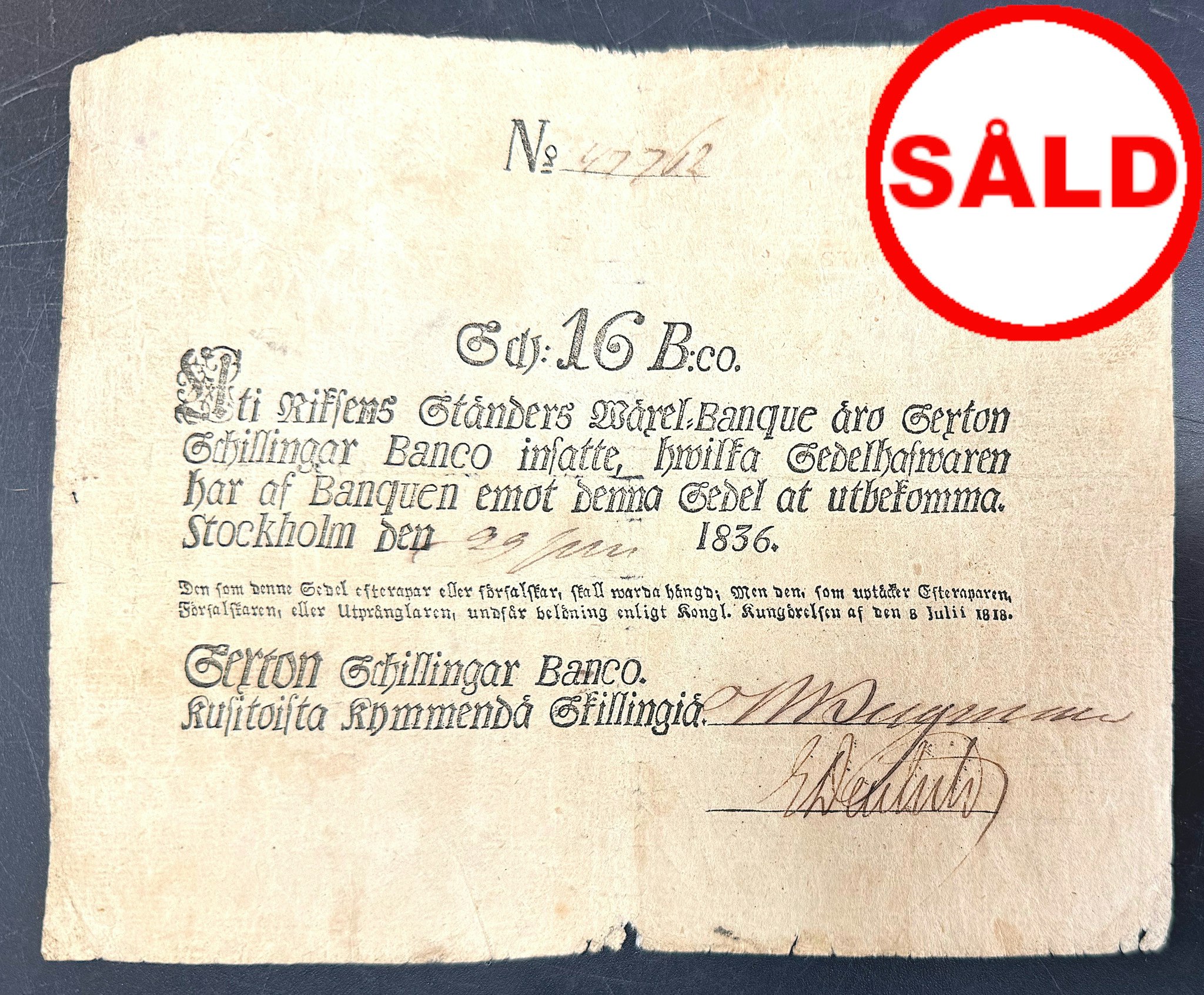 16 Skilling Banco 1836 - Mycket sällsynt RR