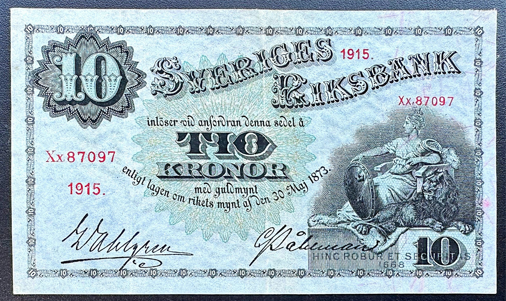 Sveriges riksbank - 10 kronor 1915 - Sedel med rent och krispigt papper - fräsht exemplar