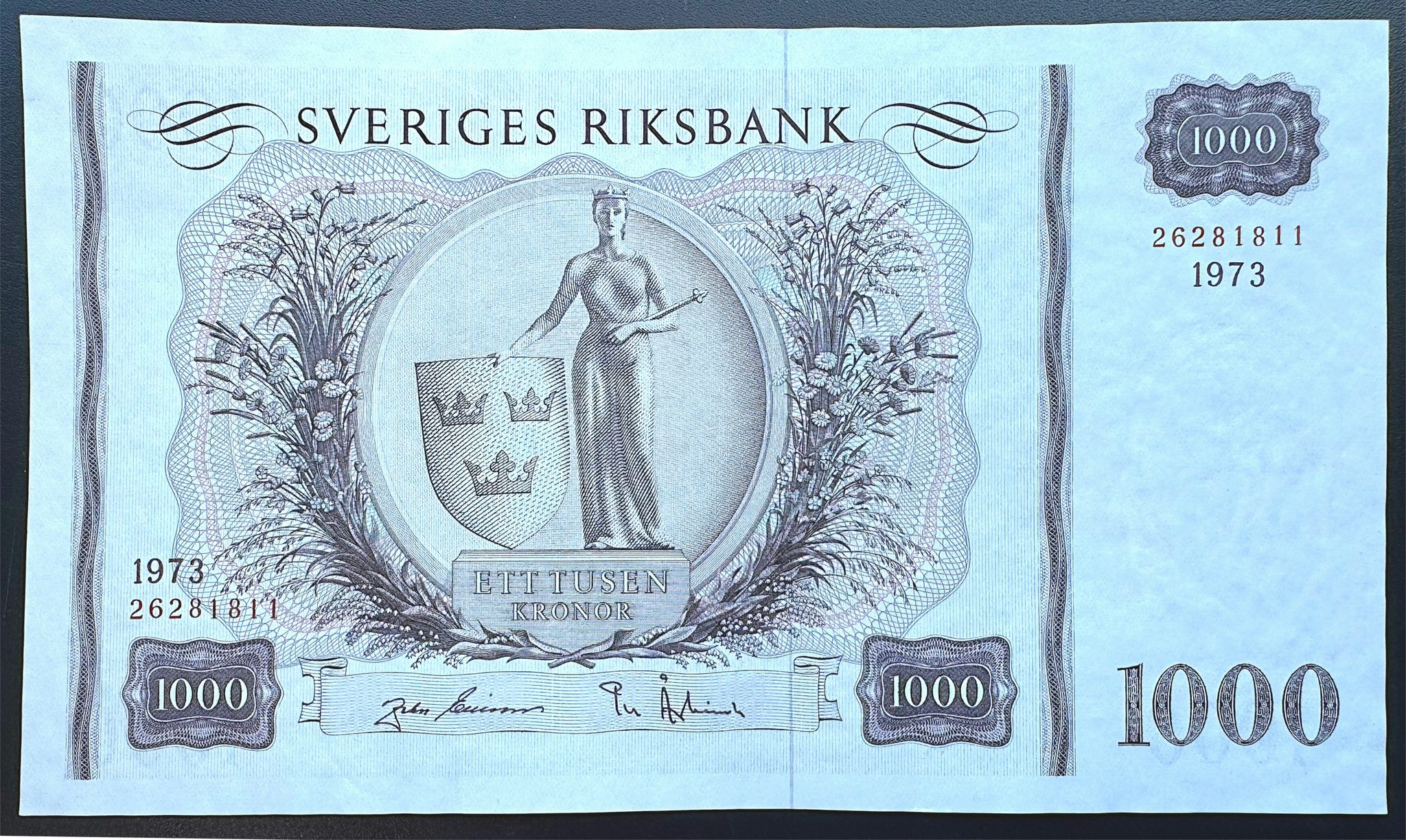 Sveriges riksbank - 1000 kronor 1973 - Sedel med rent och krispigt papper - fräsht exemplar