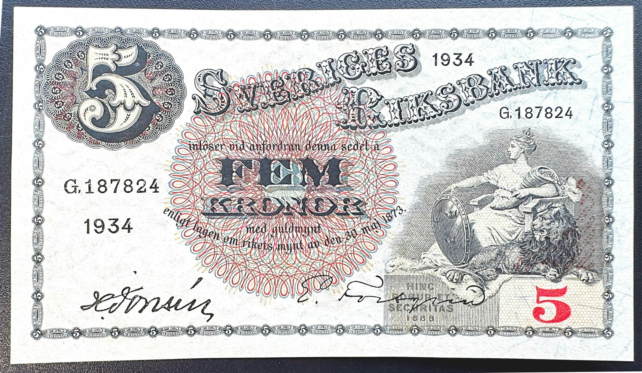 Sveriges riksbank - 5 kronor 1934 - Sedel i  närmast perfekt skick