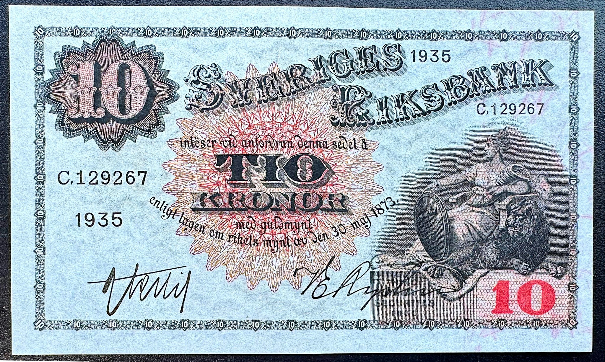 Sveriges riksbank - 10 kronor 1935 - Sedel i  närmast perfekt skick