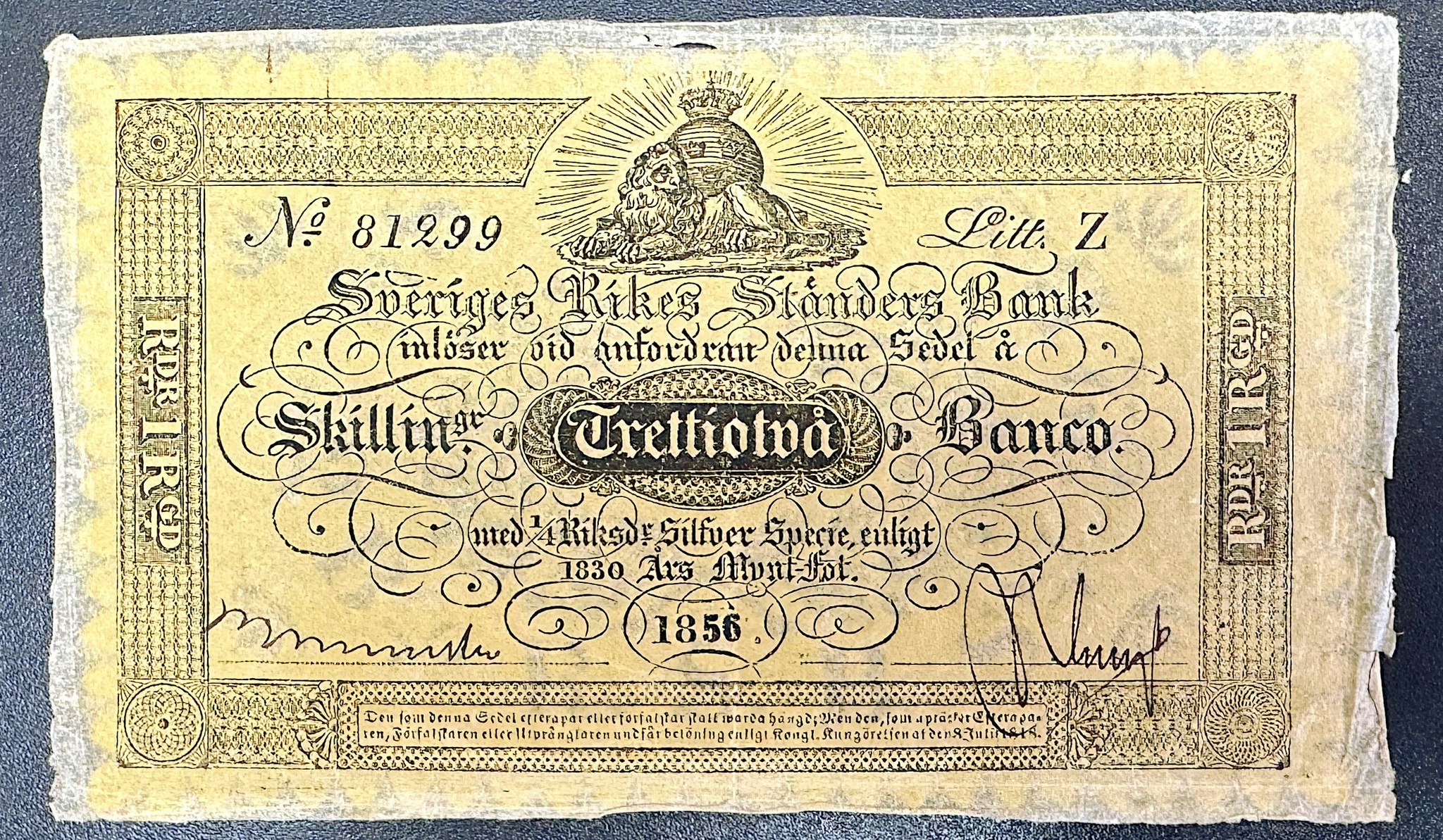 Sveriges rikes ständers bank, 32 Skilling banco 1856 - Ett vackert exemplar av ett av de mest sällsynta årtalen i serien