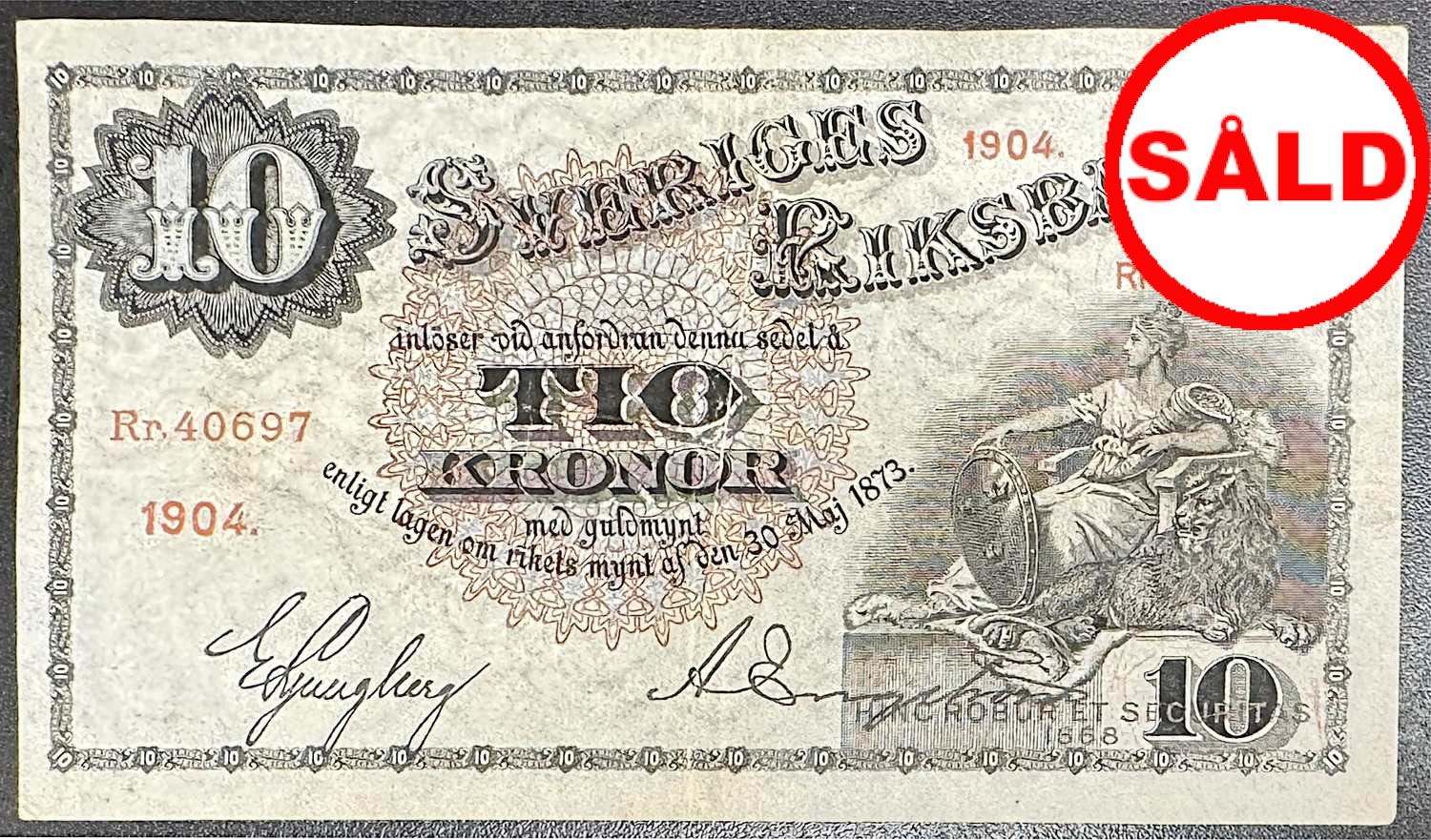 Sveriges riksbank - Sedel 10 kronor 1904 - Sällsynt och trevligt exemplar