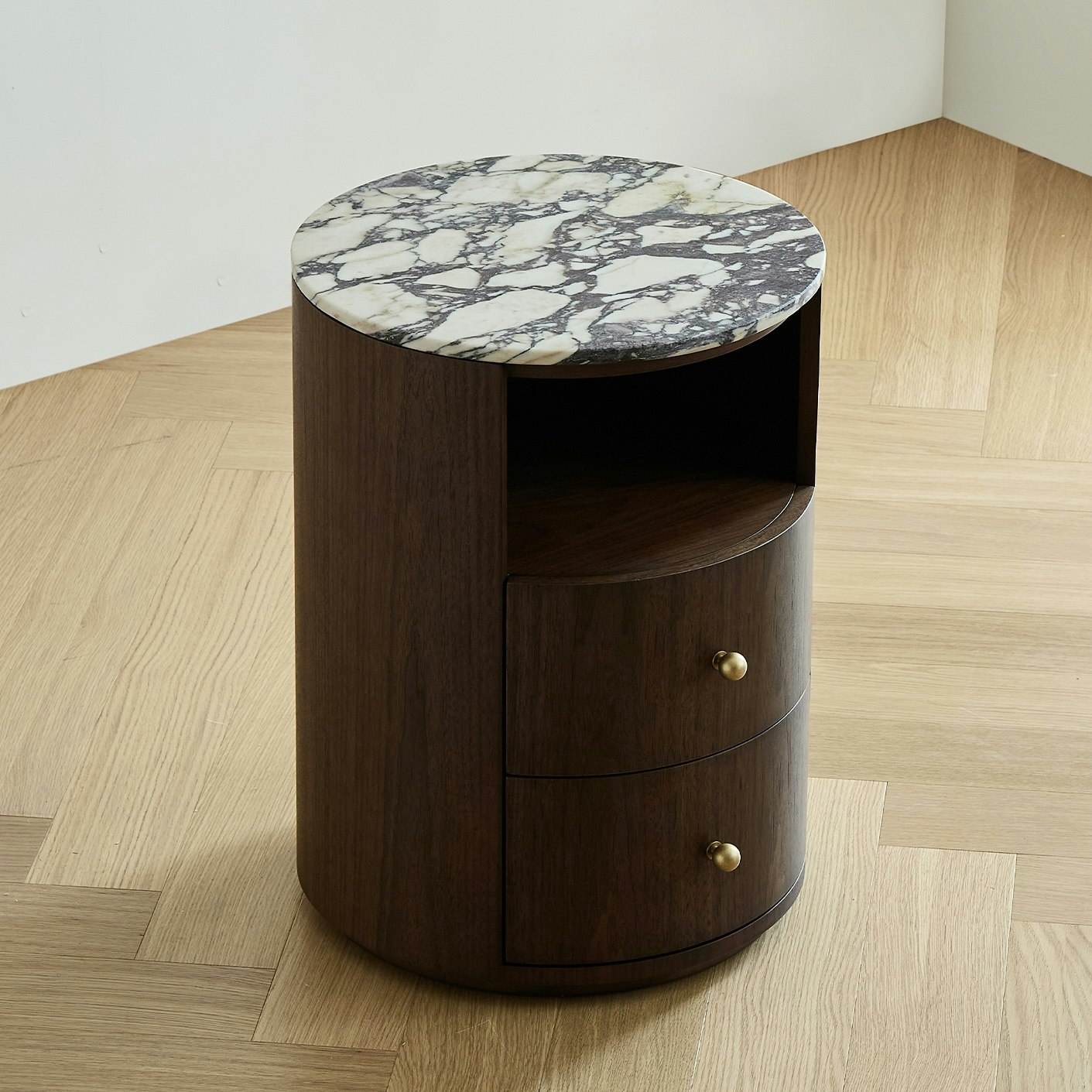 Hailey Bedside Table Walnut Wood Calacatta Viola Top