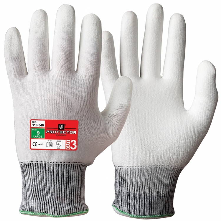 Protector® 12-pack skärskyddshandskar i Typhoon®-fiber med polyuretanbeläggning. 116.540
