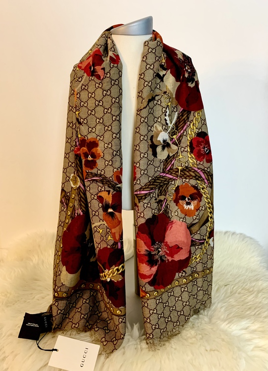 Gucci Monogram And Oshibana Flowers Wool Shawl Scarf