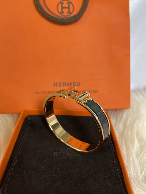 Hermes Click H Narrow Enamel Black Rose Gold Hardware Bracelet
