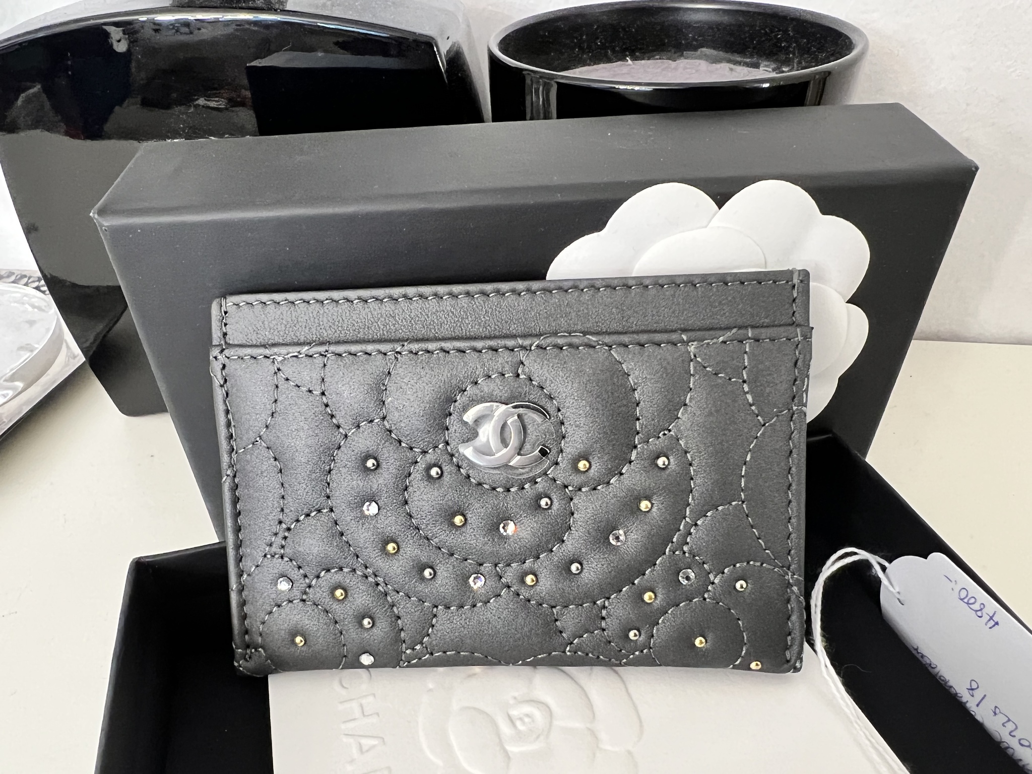 Chanel Card Holder Grey Lamp Leather With Studs/ Silver Metal
