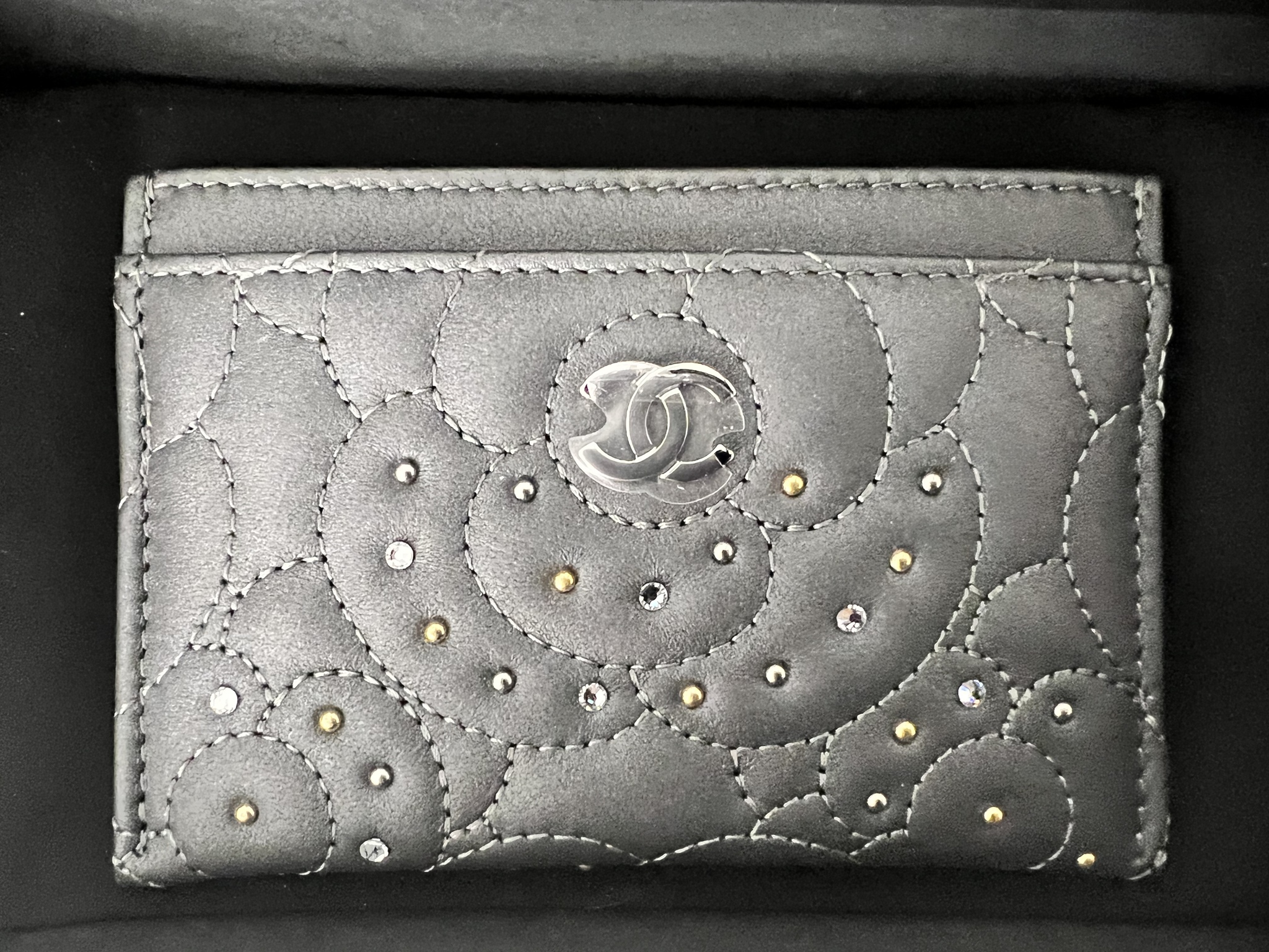 Chanel Card Holder Grey Lamp Leather With Studs/ Silver Metal