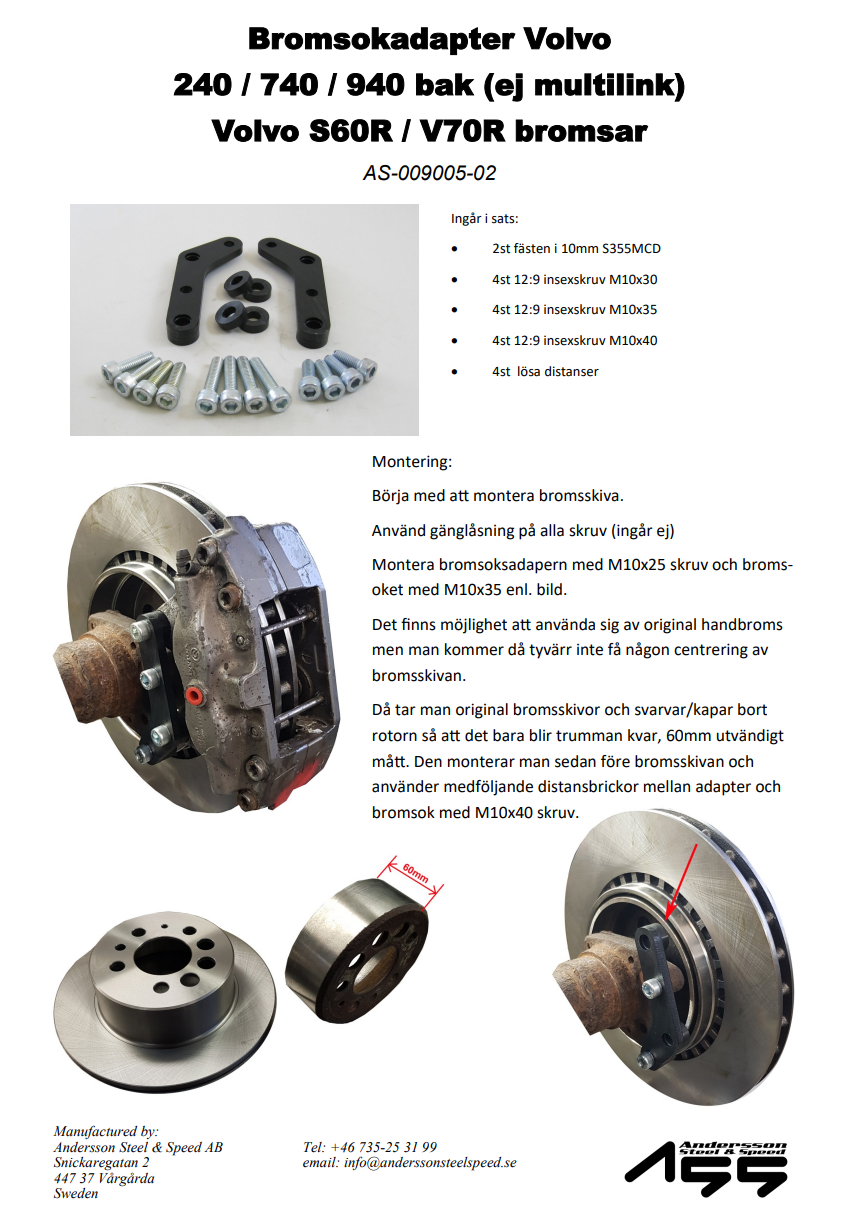 ASS Bromsadapter Volvo S60R/V70R till Volvo 240/740/940 Bak AS-009005-02