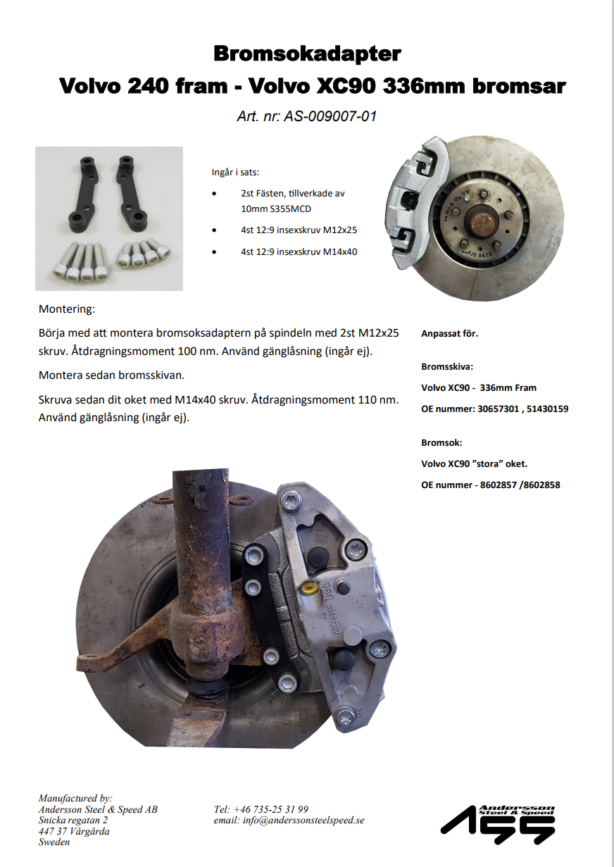 ASS Bromsadapter Volvo XC90 till Volvo 240/260 Fram AS-009007-01