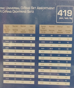 O-ringar sortimentlåda 419 delar och 32 olika storlekar.