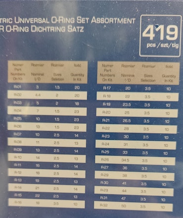 O-ringar sortimentlåda 419 delar och 32 olika storlekar.